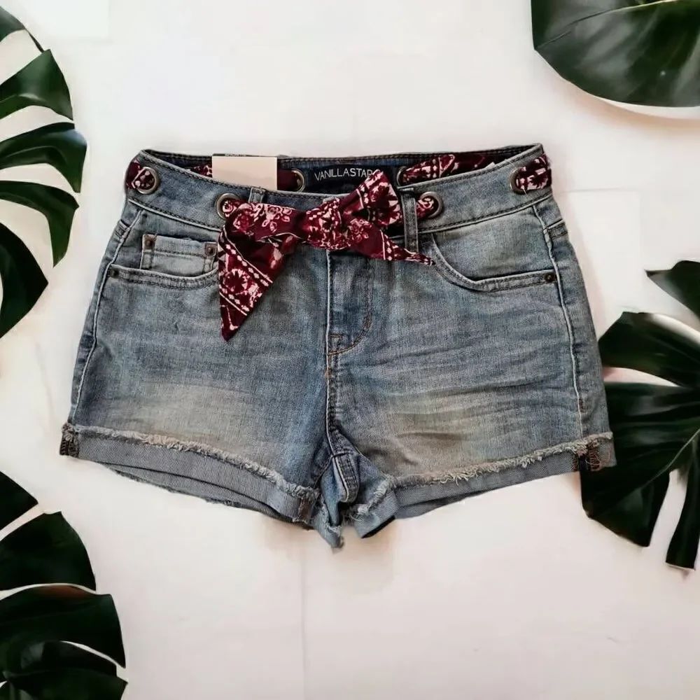 Vanilla Star Wright Midrise Denim Shortie with Cloth Belt Blue 1 (Juniors)